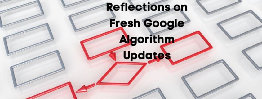 Fresh Google Algorithm Updates Graphic showing all grey rectangles except for 3 red ones pointing to a diamond shape - to illustrate
