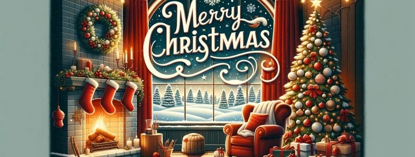 Colorful drawing of holiday living room with fireplace, a Christmas tree, presents, and the words Merry Christmas.