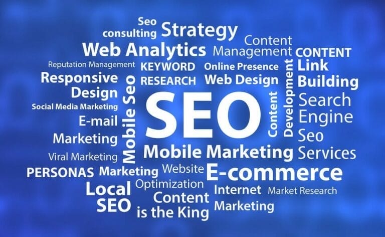 Text composite of SEO, Mobile Marketing, Web Analytics, etc.