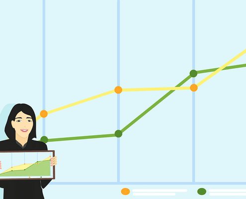 Graphic mockup of a woman holding a graph that is showing improvement.