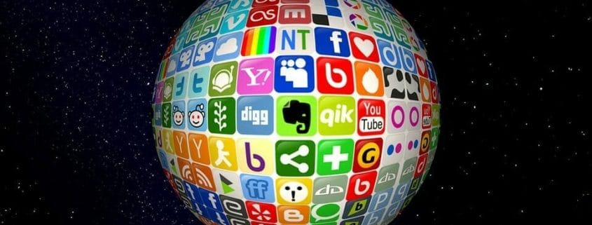 Graphic of the earth covered in icons depicting numerous online Social Media entities.