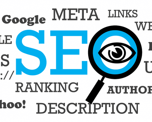 Graphic with the word SEO surrounded by online related words like Google, Bing, URL, Tags, Links, etc.