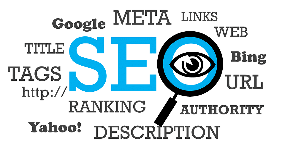 Graphic with the word SEO surrounded by online related words like Google, Bing, URL, Tags, Links, etc.