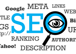 Graphic with the word SEO surrounded by online related words like Google, Bing, URL, Tags, Links, etc.