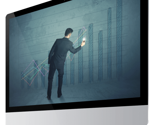 Graphic on a desktop screen showing a man writing on a bar graph.