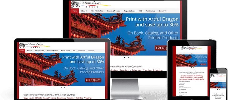 Artful Dragon website displayed on a smartphone, a tablet, a laptop and a desktop.