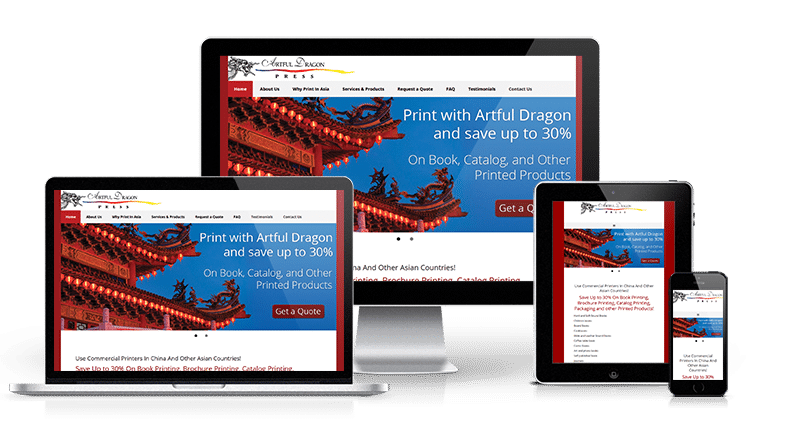 Artful Dragon website displayed on a smartphone, a tablet, a laptop and a desktop.