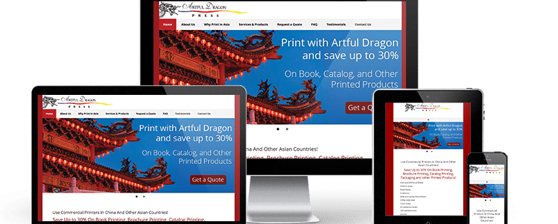 Artful Dragon website displayed on a smartphone, a tablet, a laptop and a desktop.
