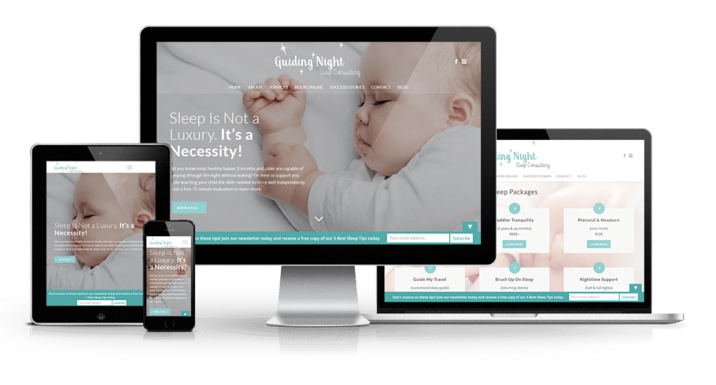 Guiding Night website displayed on a laptop, a desktop, a smartphone, and a tablet.