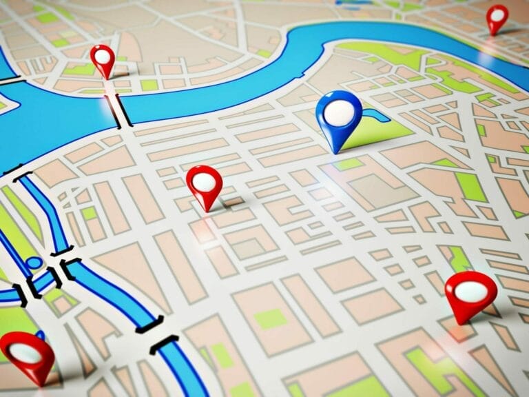 Graphic of a map with red and blue location indicators.