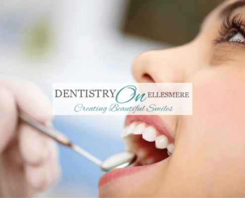 Dentistry on Elllesmere logo over photo of woman having her teeth checked by a dentist.