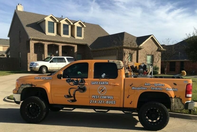 Safe Earth Pest Control pickup truck in front of a modern home.