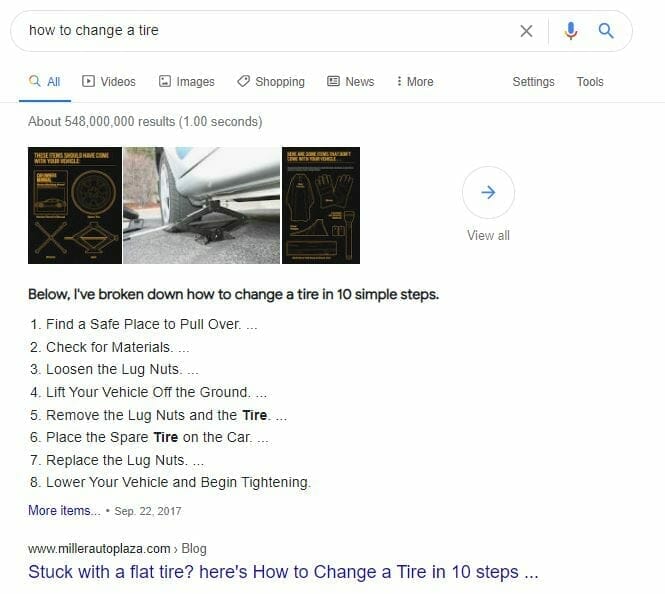 google serp featured snippet example