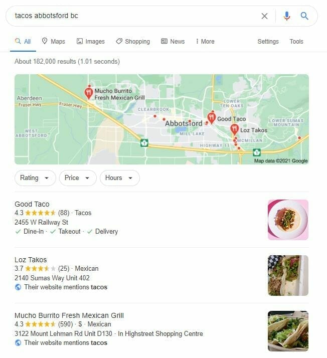 google serp local pack example