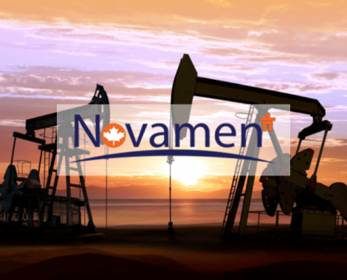 Novamen featured image of two oil rigs at sunset next to a body of water.