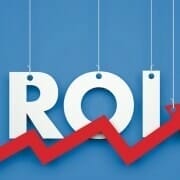 Strings holding the letters that spell out "ROI" with red upward trend arrow