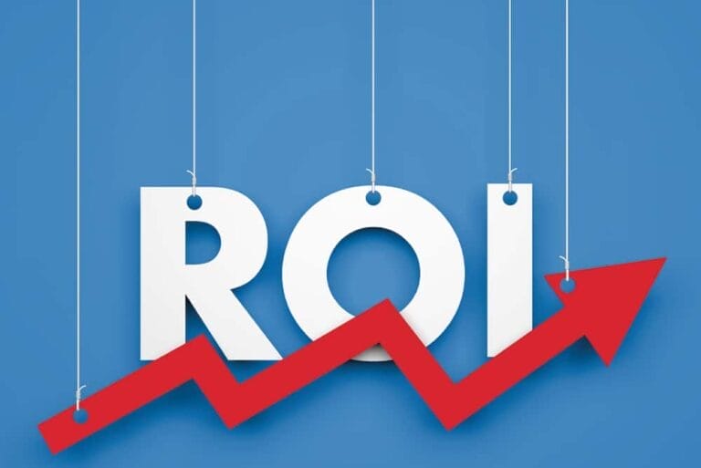 Strings holding the letters that spell out "ROI" with red upward trend arrow