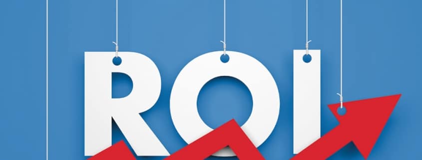 Strings holding the letters that spell out "ROI" with red upward trend arrow