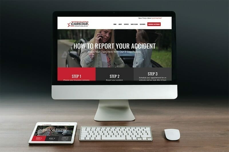 Cell phone and Computer screens showing Maximum Collision Carstar website