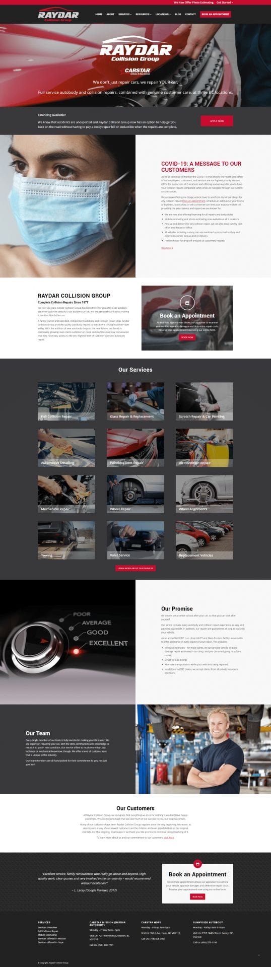 Raydar Collision website design homepage layout example