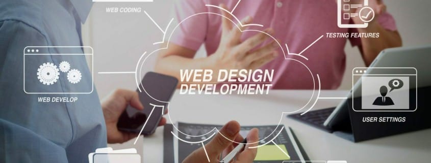 Graphics showing different elements connected to Web Design Development with photo of 2 men in the background in the planning stages