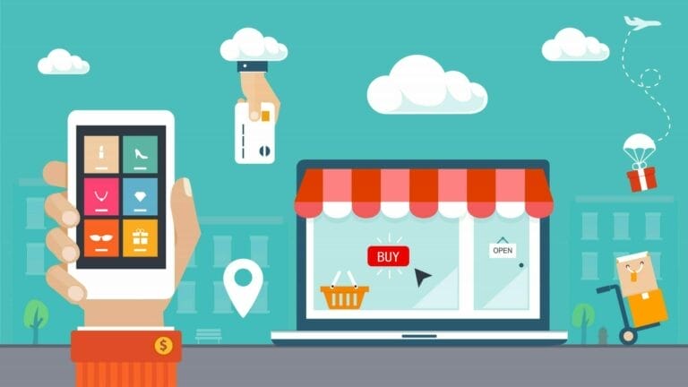 Animated drawing of cell phone, credit card, a store front (with the word Buy in the window) and methods of delivery