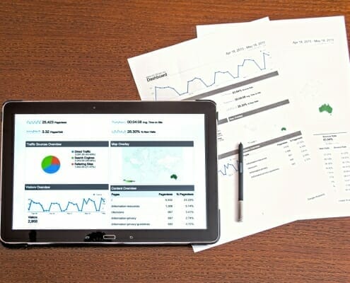 Tablet displaying pie charts and graphs next to 2 sheets of paper with charts printed on them