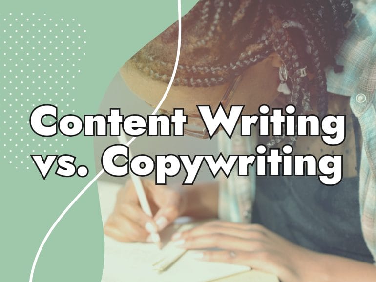 A person writes in a notebook, overlaid with bold white text "Content Writing vs. Copywriting for SEO" on a green and dotted background.