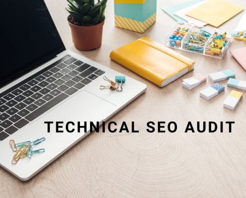 technical seo audit words over laptop and notepads
