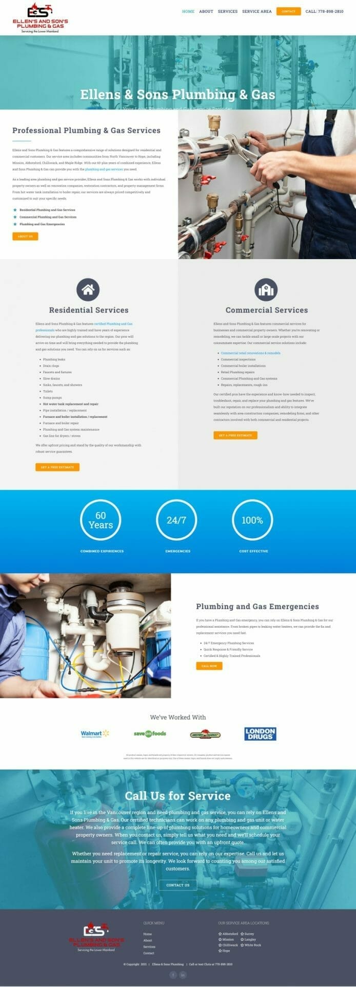 Home page layout for Ellens Sons Plumbing and Gas