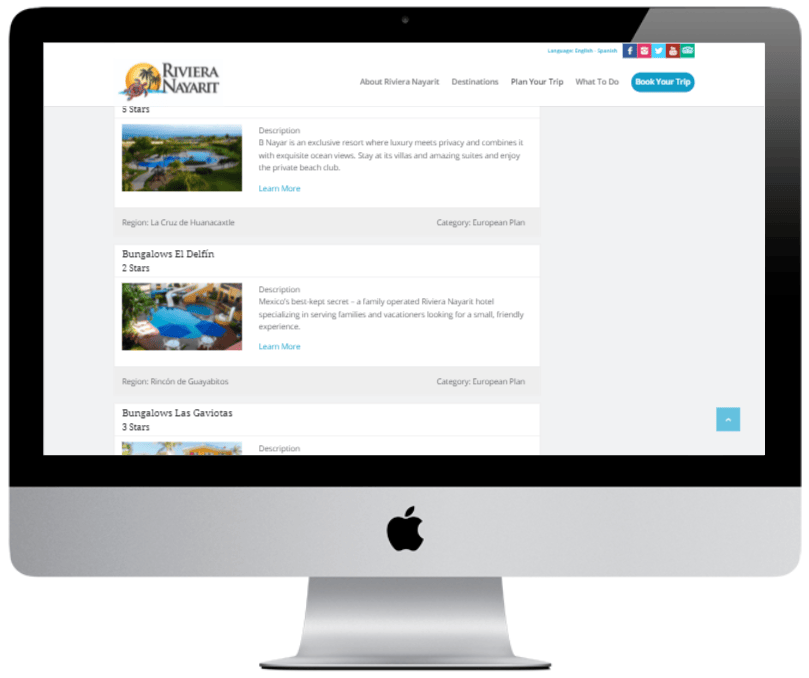 Desktop example of Riviera Nayarit landing page with list of hotels.