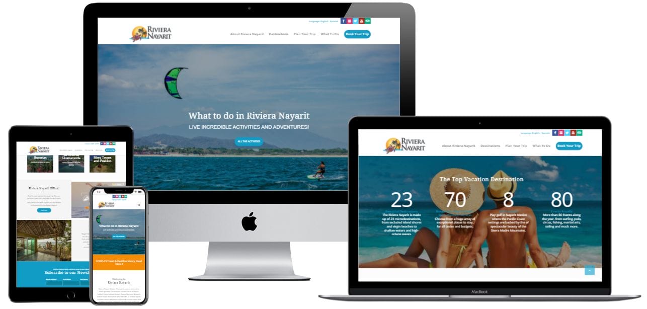 Different Riviera Nayarit site pages displayed on desktop, laptop, tablet, and Smartphone.