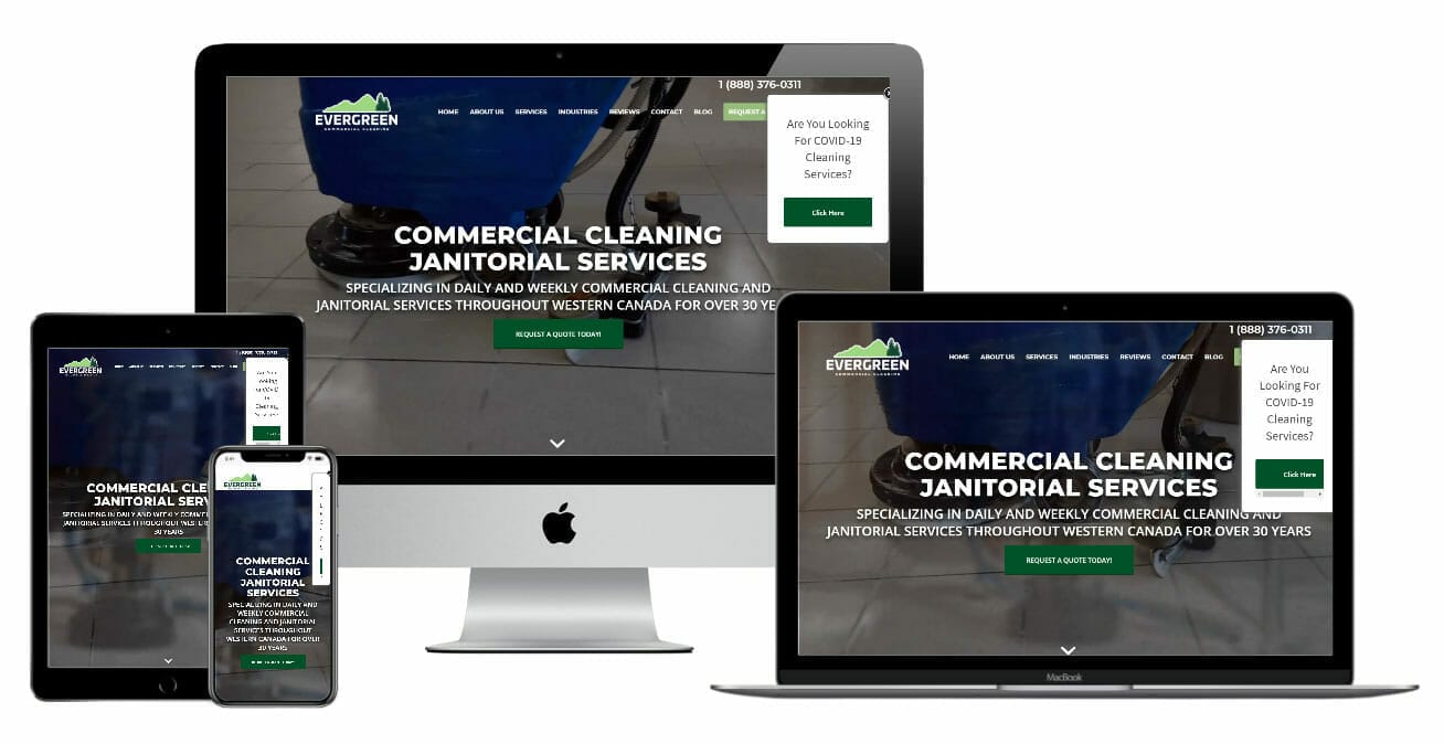 Evergreen Maintenance web page displayed on laptop, desktop, tablet and smart phone
