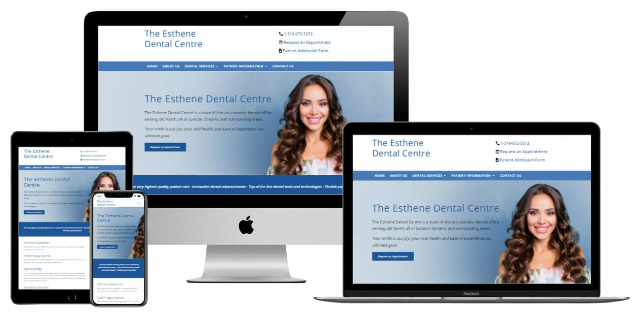 Esthene dental centre website on computer laptop, phone, and tablet screens