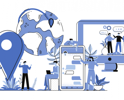 Graphic with animated characters, earth, laptop and smartphone.