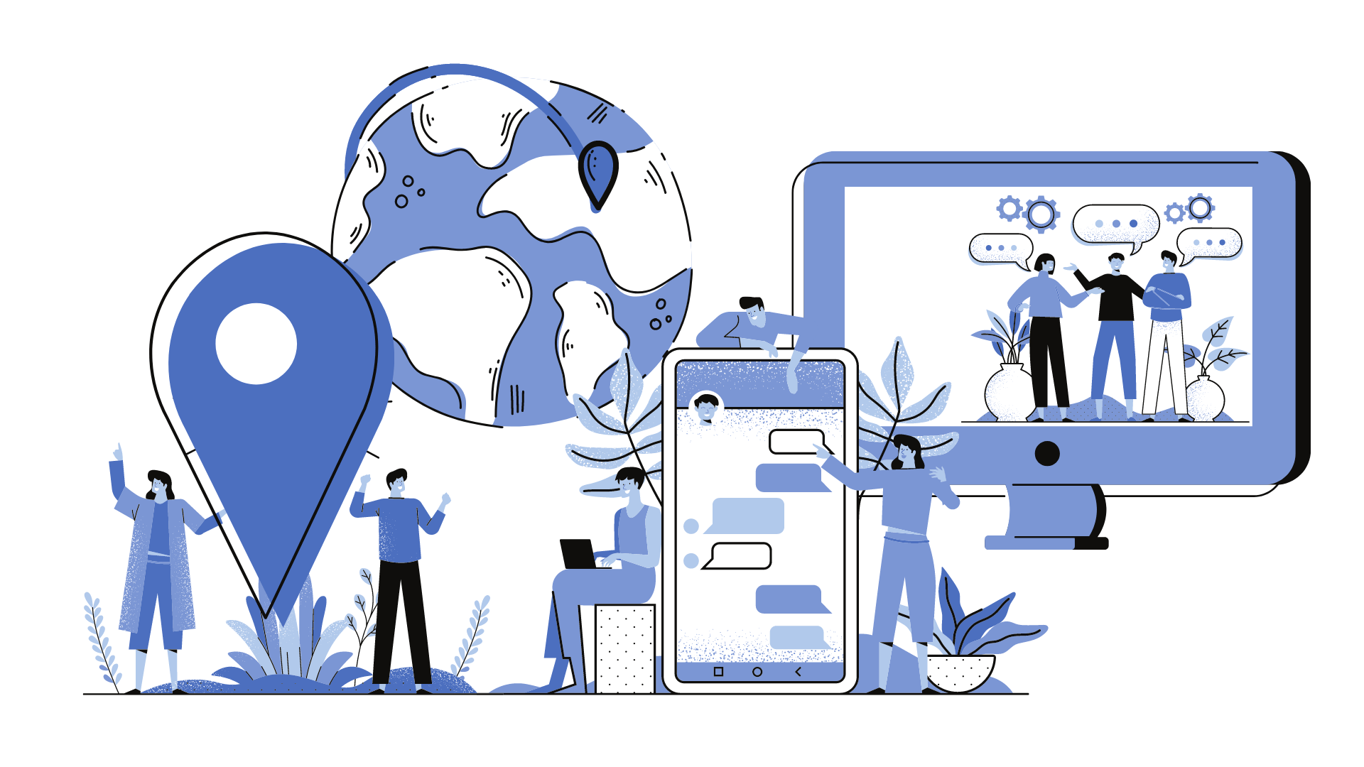 Graphic with animated characters, earth, laptop and smartphone.
