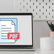 Laptop displaying PDF graphic next to a coffee cup and a pencil holder.
