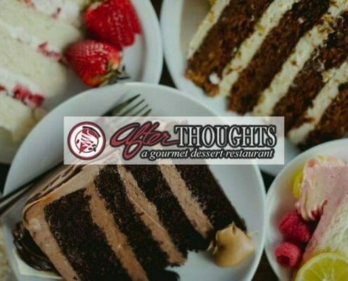 Afterthoughts logo over image of samples of cake slices