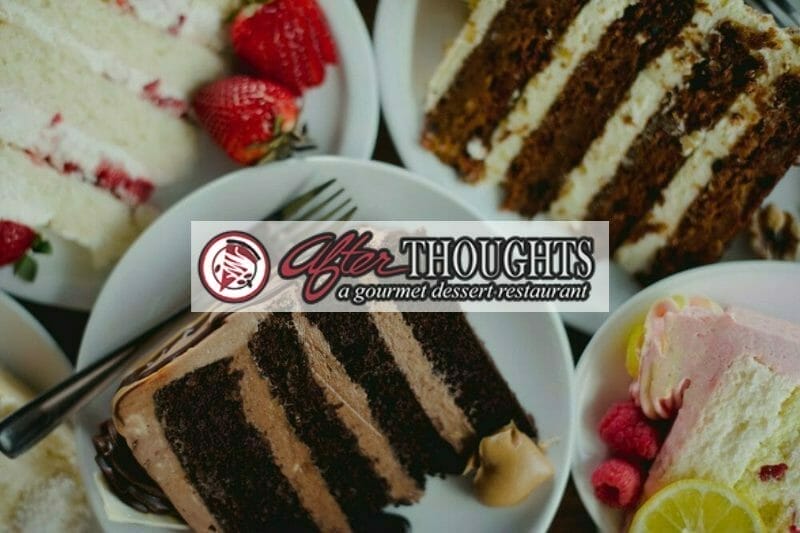 Afterthoughts logo over image of samples of cake slices