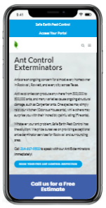 Smartphone view of a Safe Earth Pest Control landing page.