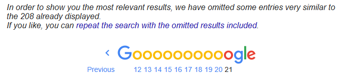 To provide the most relevant results, Google omits some entries very similar to the 208 already displayed. Wondering why does Google omit search results? Pagination links and a stylized "Google" logo appear below.