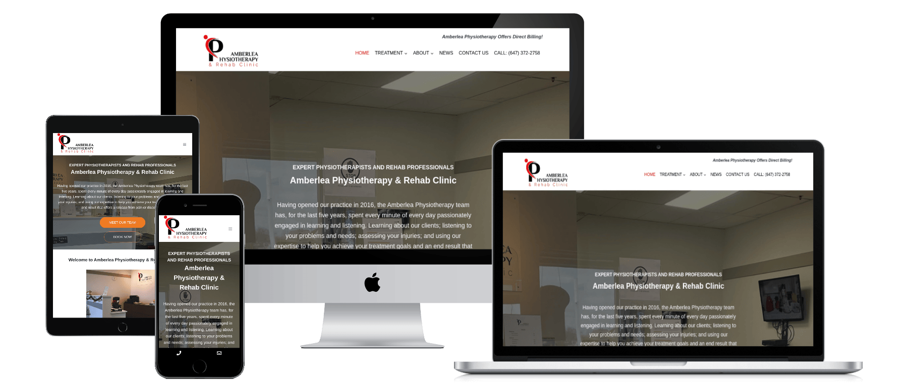 Amberlea Physiotherapy & Rehab Clinic website displayed on multiple devices