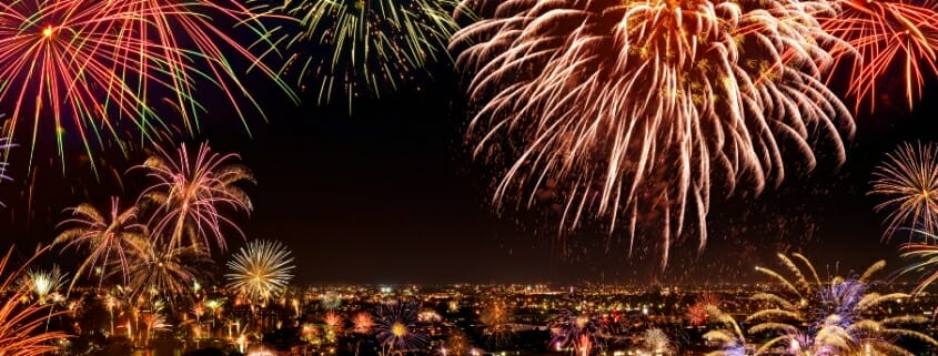 fireworks and city skyline