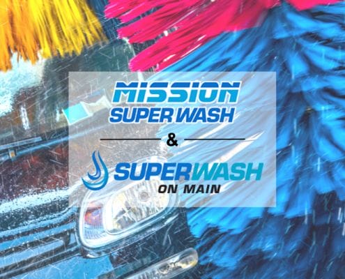 Mission Superwash & Superwash on Main logos over photo of a car in a car wash.