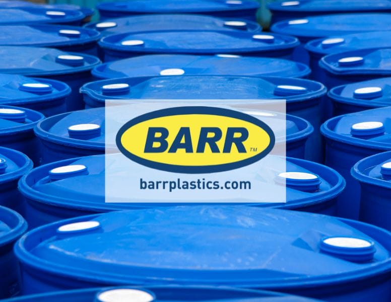 Barr Plastics logo over an image of blue plastic barrels.