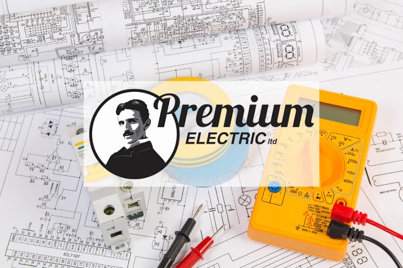 Premium Electric logo over image of electrical plans and tester