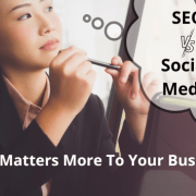 Woman with a bubble thought for SEO vs social media
