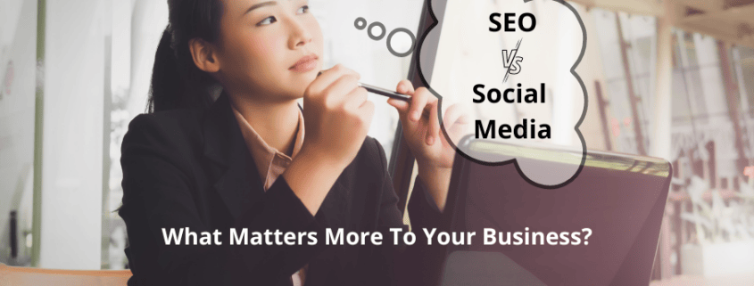 Woman with a bubble thought for SEO vs social media