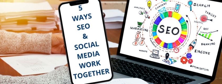 Laptop & smart phone showing 5 Ways SEO & Social Media Work Together