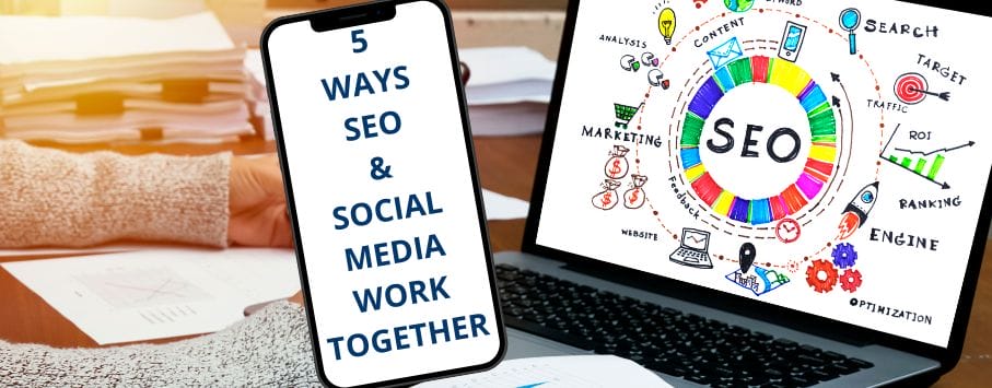 Laptop & smart phone showing 5 Ways SEO & Social Media Work Together